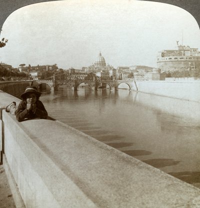 Tyber, Castel Sant Angelo i Bazylika Świętego Piotra, Rzym, Włochy. autorstwa Underwood and Underwood
