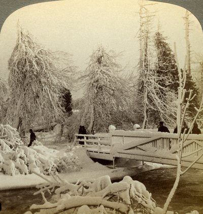 Zimowa scena, Luna Island, Niagara Falls, Nowy Jork, USA. autorstwa Underwood and Underwood