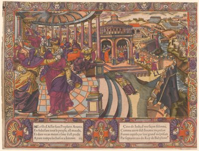 Fałszywy prorok Ananiasz, uwodzi lud i zrywa łańcuch Jeremiasza, lud Judy jest w niewoli babilońskiej. (Ananiasz fałszywy prorok uwodzi lud i łamie Jeremiasza). autorstwa Unknown