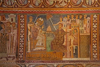 Cesarz Konstantyn przedstawiający swoją cesarską tiarę papieżowi Sylwestrowi, dający mu władzę nad Rzymem, zachodnia ściana kaplicy San Silvestro, 1246 autorstwa Unknown