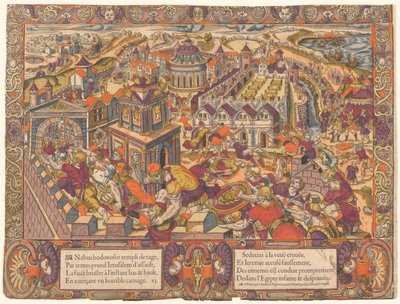 Jerusalem est award & brulee, le Roy Sedecias a les yeux crevez. Et Jeremie est mene en Babilone. (Jerozolima zostaje zabrana i spalona; król Seleucys ma wydłubane oczy. A Jeremiasz zostaje sprowadzony do Babilonu. Jeremiasz 39-43), nie. 6, Opowieść o Jere autorstwa Unknown