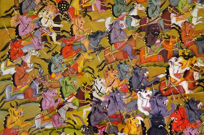 Obraz Marwar: Detal z demonów przygotowujących się do bitwy z boginią Durga, muzeum pałacu Mehrangarh Fort, Jodhpur, Radżastan, Indie autorstwa Unknown