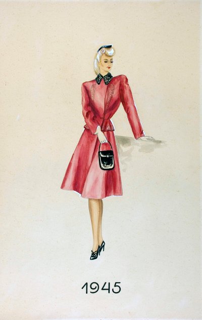 Modelka w garniturze, trzymająca torebkę, 1945 autorstwa Unknown