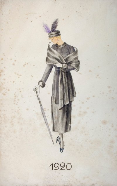 Modelka w płaszczu i czapce z piórami, trzymająca parasolkę, 1920 autorstwa Unknown