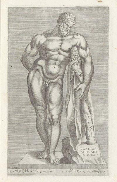 Rzeźba Herkulesa Herkules Farnese Posąg Herkulesa w pałacu Farnezyjczyków (tytuł na obiekcie) Rzeźby antyczne w Rzymie (tytuł serii) Ikony starożytnych posągów miasta Rzymu, które można zobaczyć w miejscach publicznych (tytuł serii) autorstwa Unknown
