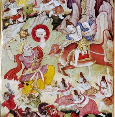 Shiv niszczy demona Andhakę, Manuskrypt Harivamsy, Mogołów, S1590 autorstwa Unknown