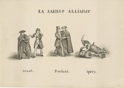 Karykatura sojuszu zawartego między rzymską partią duchowną a partią liberalną przeciwko rządowi holenderskiemu, 1828 La Sainte Alliance (tytuł na obiekcie) autorstwa Unknown