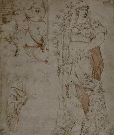 Trzy szkice: męstwo, sandał i groteski (recto); Szkice groteski i kirys rzymski (verso) autorstwa Unknown