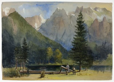 Dwóch mężczyzn nad stawem pod Alpami autorstwa Unknown