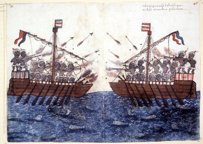 Grawerunek z XVI wieku przedstawiający spotkanie z pirackim statkiem na Oceanie Indyjskim. Rzym biblioteca Casantense. autorstwa Unknown artist