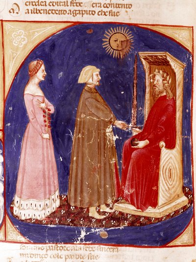 Drugie niebo: Dante i Beatrice mierzą się z rzymskim cesarzem Justynianem w pierwszym raju. Podświetlana strona ilustrująca pieśń Paradise z „Divina Commedia” Dante Alighieri (1265-1321). XIV wiek, Wenecja, Biblioteca Marciana autorstwa Unknown artist
