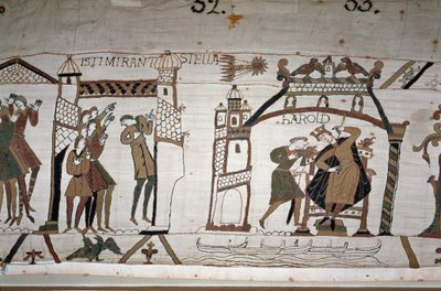 32: Pojawienie się komety; 33: Posłaniec ostrzega króla Harolda II (1022 - 1066) - gobelin z Bayeux, znany jako haft królowej Matyldy autorstwa Unknown artist