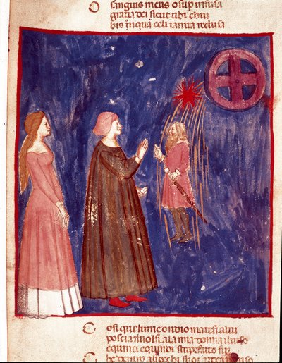 Piąte niebo: Dante i Beatrice spotykają Lorda Cacciaguidę w niebiańskiej sferze dusz wojowników. Podświetlana strona ilustrująca pieśń Paradise z „Divina Commedia” Dante Alighieri (1265-1321). XIV wiek, Wenecja, Biblioteca Marciana autorstwa Unknown artist