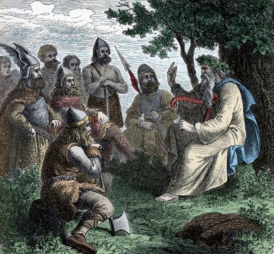 Bard recytujący ludziom północy - Viking Civilization: Bard Druid recytujący poezję wojownikom, VIII-IX w. autorstwa Unknown artist