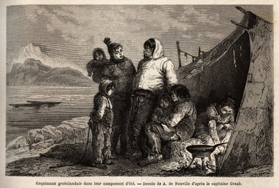 Rodzina grenlandzkich Inuitów na letnim obozie skórek. Grawer ilustrujący wyprawę na wolne morze bieguna arktycznego, autorstwa doktora Hayesa, chirurga Marynarki Wojennej Stanów Zjednoczonych, w latach 1860-1862, opublikowany w „Le tour du monde, nouveau  autorstwa Unknown artist