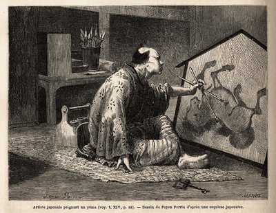 Japoński artysta malujący yema (legendarne malowanie koni). Rycina ilustrująca podróż do Japonii w latach 1863-1864 autorstwa Aime Humberta, ministra Konfederacji Szwajcarskiej, w „Le tour du monde, nouveau journal des voyages”” wydanej pod autorstwa Unknown artist