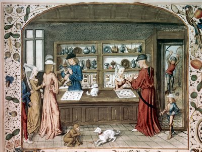 Miniaturowy sklep jubilerski z „” Le lapidaire de Jean (Jehan) de Mandeville (1300-1372)” XV-wieczny Paryż, B.N. autorstwa Unknown artist
