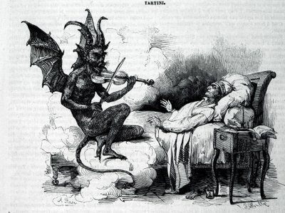 Satyra grająca na skrzypcach przed Giuseppe Tartinim (1692-1770), włoskim kompozytorem, skrzypkiem i teoretykiem. Rycina XIX wieku. autorstwa Unknown artist