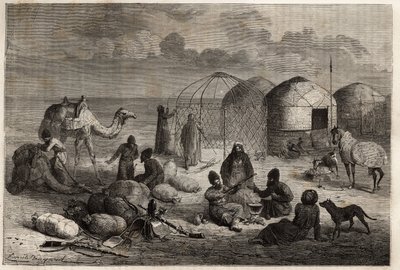 W obozie Turkmenów na pograniczu Turkiestanu i Persji, każdy namiot, zbudowany z drewnianych krat i pokryty filcem, mieści rodzinę. Grawer ilustrujący historię Henri de Blocqueville „14 mois de captivite chez les turcomans” między 1860 a autorstwa Unknown artist