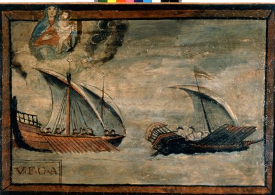 Turecka galera ściga galerę z Królestwa Neapolu. Ex-voto z XVII wieku. Kościół Madonny dell