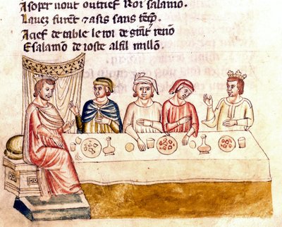 Scena bankietowa: król i jego goście - Miniatura z kodeksu „Przedstawa Hiszpanii”” (Ms.Franc.21) XIV wiek. Biblioteca Marciana, Wenecja. autorstwa Unknown artist