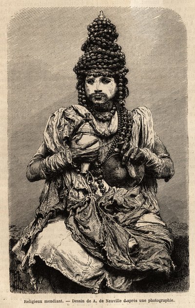 Zakonnik żebrak. Rycina ilustrująca podróż w południkowe prowincje Indii, autorstwa Alfreda Grandidiera, w latach 1862-1864, opublikowana w „”le tour du monde””, pod kierunkiem D