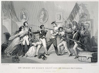 Ochroniarz ratuje gwardię narodową (29 lipca 1830) - w „Fasttes de Gardes nationales de France” autorstwa Unknown artist
