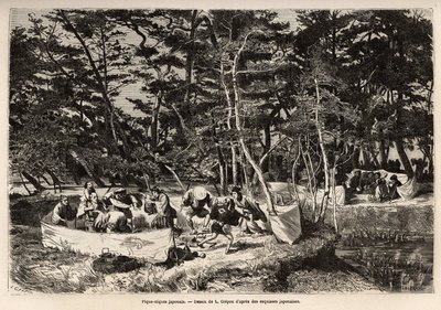 Mieszczański piknik (lub piknik) na przedmieściach Edo (dzisiejsze Tokio), wewnątrz zadaszenia z tkaniny, goście, zwykle dwie rodziny) dzielą się posiłkiem i często jest odpowiedni na tę okazję dla muzyków, tancerzy i pantomim. Grawerowanie ilustrujące pod autorstwa Unknown artist