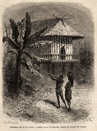 Para Indian z Rio Verde (Brazylia) mężczyzna z sarbakanem przed typowym domem na palach. Rycina ilustrująca podróż do Nowej Granady, autorstwa dr Saffray, w 1869, opublikowana w „” Le tour du monde””” 1873, pod redakcją Edouarda Chartona, e autorstwa Unknown artist