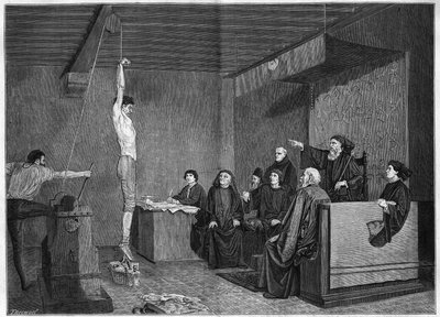Sąd w XV w. - przesłuchanie. Pytanie zawieszone jest z ciężarkami na stopach. Grawer na podstawie obrazu Adolphe Steinheila (1850-1908) prezentowanego na Salonie de 1875. autorstwa Unknown artist