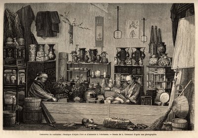 Biznes osobliwości w Jokohamie. Rycina ilustrująca podróż do Japonii Aime Humberta, ministra Konfederacji Szwajcarskiej, w latach 1863-1864, opublikowana w „Le tour du monde”” 1869, pod redakcją Edouarda Chartona, wyd. Hachette, Paryż. Selva Collect autorstwa Unknown artist