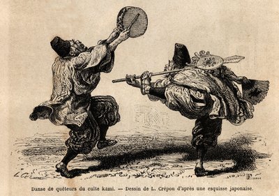 Taniec narady kultu Kami, z recytacją litanii i nieoczekiwanymi figurami choreograficznymi. Rycina ilustrująca podróż do Japonii Aime Humberta, ministra Konfederacji Szwajcarskiej, w latach 1863-1864, opublikowana w „”le tour du monde””, autorstwa Unknown artist