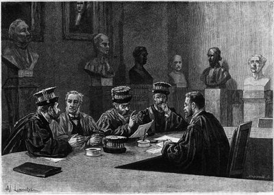 Ich obrona ze szkoły medycznej Dzielnicy Łacińskiej w Paryżu. Grawerowanie w „Le journal de la jeunesse”” autorstwa Unknown artist