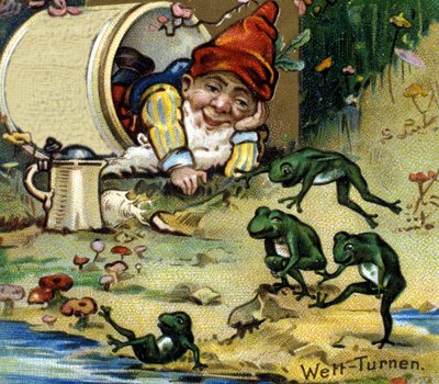 Krasnolud lub farfad bawiący się żabami. XIX-wieczna chromolitografia. autorstwa Unknown artist