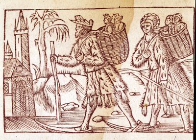 Rodzina Norwegów podróżująca na nartach. Grawer Olausa Magnusa (1490 - 1557), szwedzkiego zakonnika i geografa, „Historia de Gentis Septentrionalibus”, Wenecja autorstwa Unknown artist