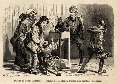Wróżka na ulicach Edo (obecnie Tokio). Grawer ilustrujący podróż do Japonii Aime Humberta, ministra Konfederacji Szwajcarskiej, w latach 1863-1864, opublikowany w „” le tour du monde””, pod kierunkiem Edouarda Chartona, Hachette, Pari autorstwa Unknown artist