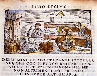 Strzelec ładujący broń materiałami wybuchowymi. Rycina z dojenia hutniczego „De la Pyrotechnia” (lub Pirotechnia) autorstwa Vannoccio Biringuccio (1480-1539) 1550. autorstwa Unknown artist
