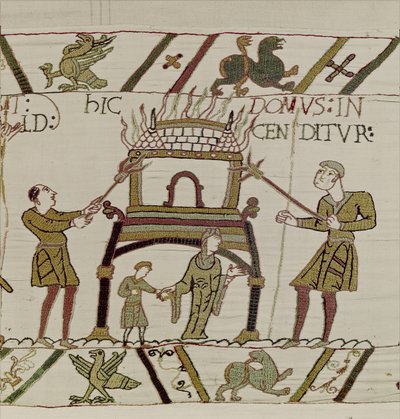 Dom spalony przez Normanów, Gobelin z Bayeux (haft wełniany na płótnie) autorstwa Unknown artist
