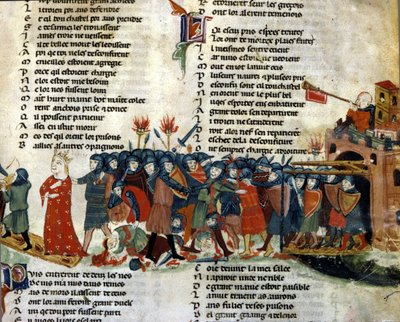 Król zostaje wzięty do niewoli i zabrany przez armię wroga, podczas gdy ofiary bitwy leżą na ziemi. Miniatura „Roman de Troy” autorstwa Benoit de Saint Maure. XIV-wieczna Biblioteca Marciana, Wenecja autorstwa Unknown artist