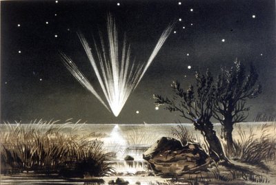 Meteoryt spadający do morza. Litografia kolorowa z końca XIX wieku autorstwa Unknown artist