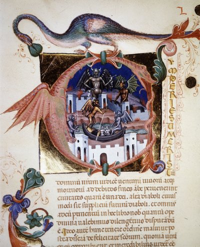 Miniaturowa litera „A” przedstawiająca miasto diabła. XIV-wieczny rękopis „De Civitate Dei” autorstwa św. Augustyna. Biblioteka Miejska w Rimini autorstwa Unknown artist
