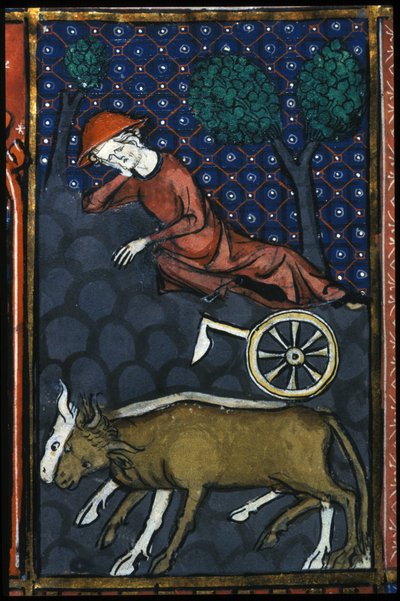 Odpoczywający chłop, obok woły i miniaturowy pług z XIV wieku. autorstwa Unknown artist