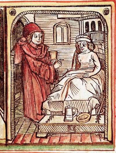 Lekarz daje pacjentowi zabieg wykonany z roślin leczniczych Rycina z „Tractatus de pestilentia” XV wiek - Praga, Biblioteka Narodowa autorstwa Unknown artist