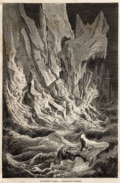 Niedźwiedź polarny wywodzi się z góry lodowej, po rozpadzie bryły lodu ze Spitzbergu, archipelagu Oceanu Arktycznego, rys. V.Foulquier, ilustrujący Spitzberg w latach 1838-1839, autorstwa Charlesa Martinsa. Grawer w „”Le tour du monde””, pod redakcją autorstwa Unknown artist