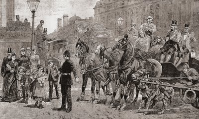 Policjant zatrzymuje ruch na ruchliwym skrzyżowaniu, aby umożliwić pieszym przejście na drugą stronę ulicy, Londyn, Anglia autorstwa Unknown artist