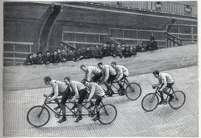 Rowerzysta rekordzista ze swoimi trenerami na trójkach na torze rowerowym. Grawerowanie w „”La Nature”” autorstwa Unknown artist