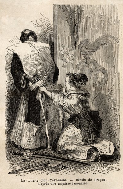 Toaleta samuraja, młoda pokojówka pomaga jej zawiązać kimono. Grawer ilustrujący wyprawę do Japonii w latach 1863-1864 autorstwa Aime Humberta, ministra Konfederacji Szwajcarskiej, w „Le tour du monde, nouveau journal des voyages”” wydawanym pod kierunkiem autorstwa Unknown artist