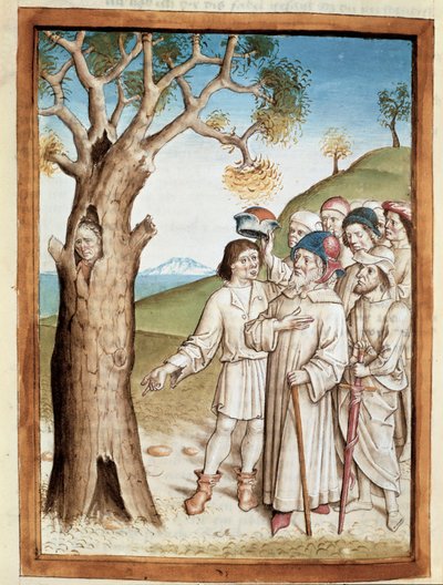 Poszukiwacz ukrywa się w miniaturowym pniu drzewa z niemieckiego tłumaczenia bajek Bidpai „Kalila (Kalila) i Dimna”. (ms. 1389, k. 36) ok. 1480 Chantilly, musee Conde autorstwa Unknown artist