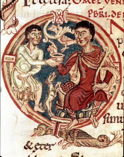 Sługa służący do picia dla lorda Miniatura z „Lectionaire de la Cathedrale de Reims”” Reims z XI wieku, biblioteka miejska autorstwa Unknown artist