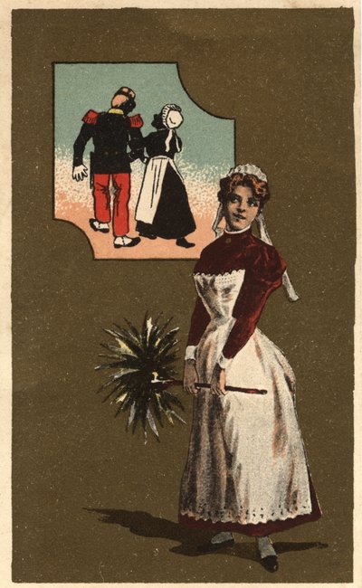 Sługa z piórkiem. Marzyła o ramieniu przystojnego żołnierza. Anonimowa chromolitografia, koniec XIX wieku. autorstwa Unknown artist